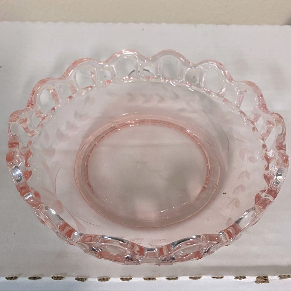 Vintage Pink Lancaster Glass Open Work Lace Nappy Bowl Dish Etched Floral 7"